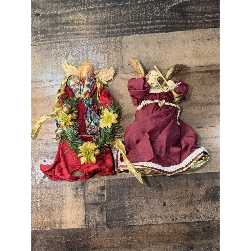 Vtg Christmas Angel Tree ornaments Lot 2 Burgundy Red Fabric Gown Gold Wings 10"